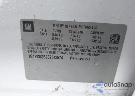 2014 Chevrolet Cruze 1Lt Auto z USA, uszkodzony, nr VIN 1G1PC5SB2E7342574